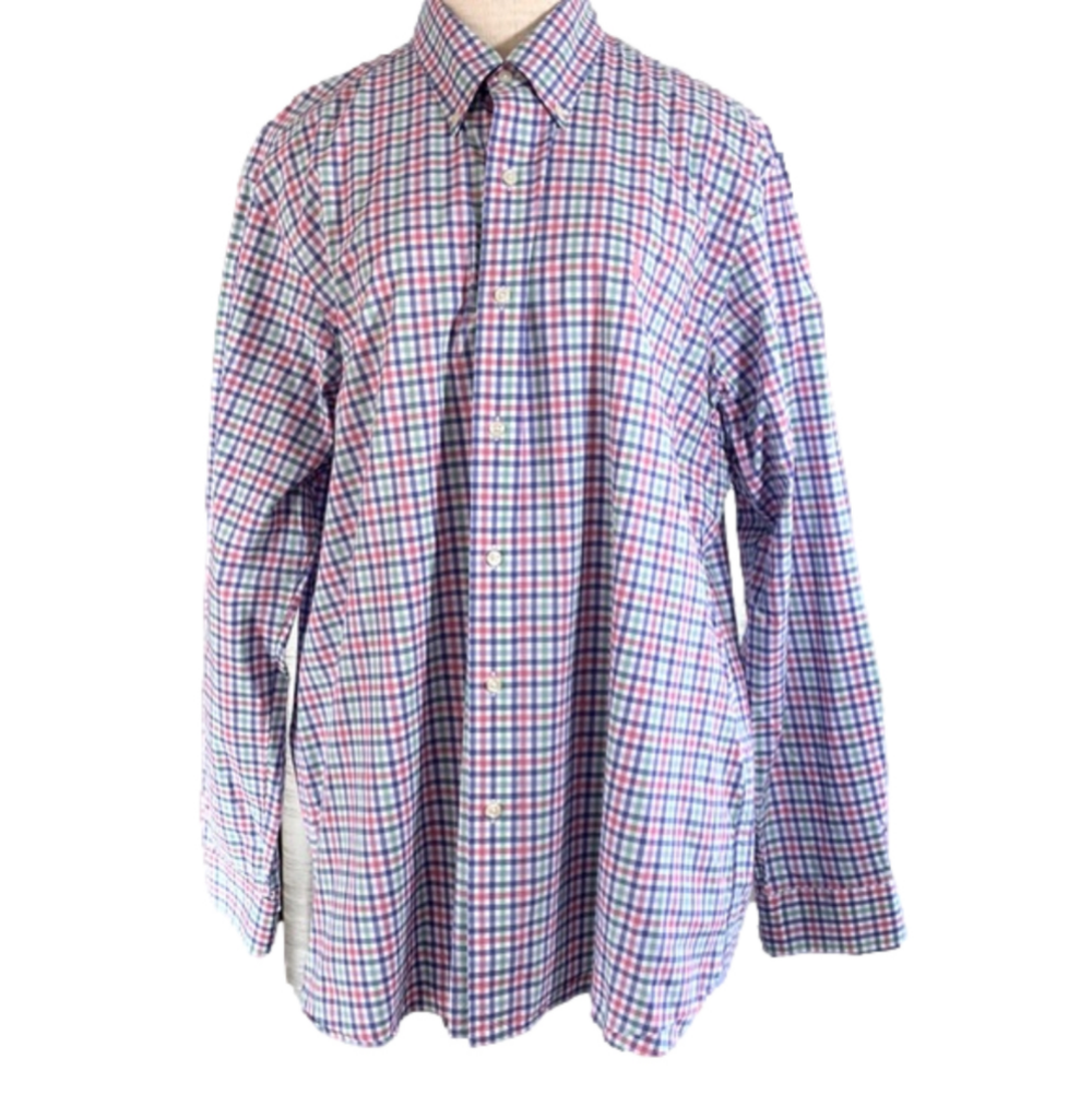 Ralph Lauren sz XL 100% cotton stretch pink/green/blue/white plaid button down